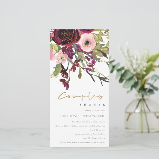 GOLD PINK BURGUNDY ROOS FLORA COUPLE SHOWER INVITE BEDANKKAART (Staand voorkant)