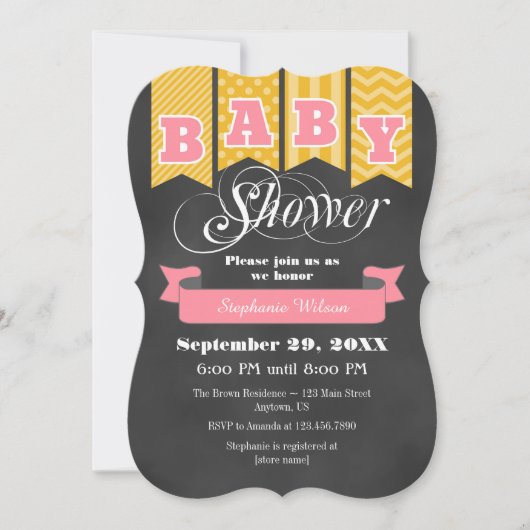 Gold Pink Chalkboard Flag Baby shower Invite Kaart (Voorkant)