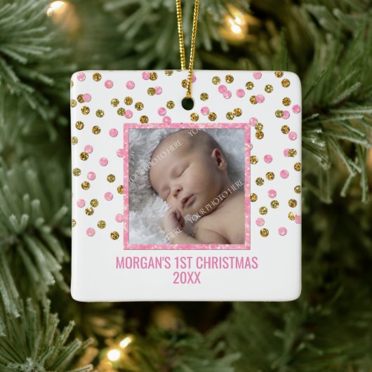 Gold Pink Confetti Baby eerste kerstfoto Keramisch Ornament (Boom)