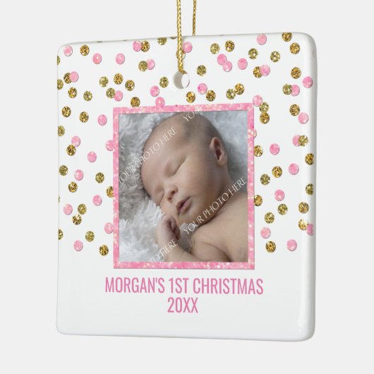Gold Pink Confetti Baby eerste kerstfoto Keramisch Ornament (Links)