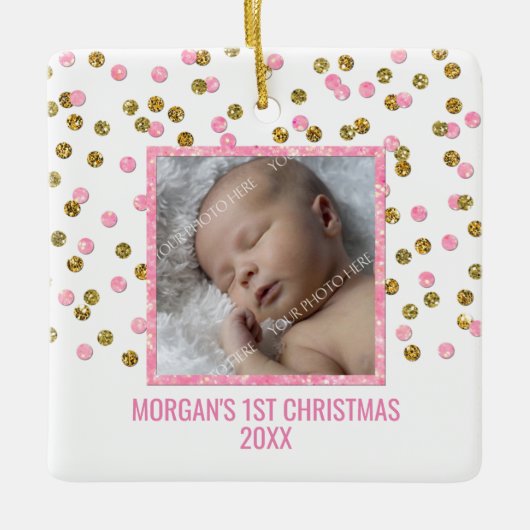 Gold Pink Confetti Baby eerste kerstfoto Keramisch Ornament (Voorkant)