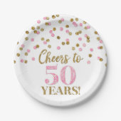 Gold Pink Confetti Cheers tot 50 jaar verjaardag Papieren Bordje (Voorkant)