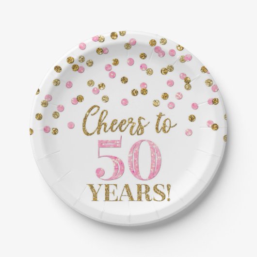 Gold Pink Confetti Cheers tot 50 jaar verjaardag Papieren Bordje (Voorkant)