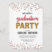 Gold Pink Confetti Graduation Party Invitation Kaart (Voorkant / Achterkant)