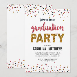 Gold Pink Confetti Graduation Party Invitation Kaart