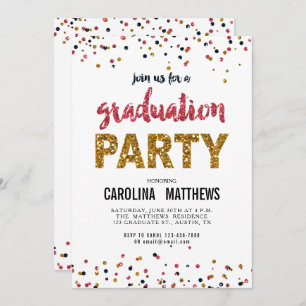 Gold Pink Confetti Graduation Party Invitation Kaart