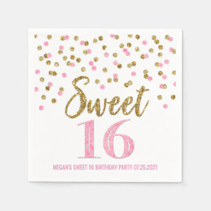 Gold Pink Confetti Sweet 16 Birthday Servet