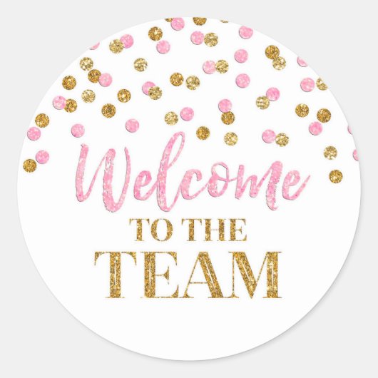 Gold Pink Confetti Welkom bij Team Ronde Sticker (Voorkant)
