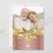 Gold Pink Damask & Bow Photo 50e Jubileum Kaart (Voorkant)