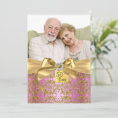 Gold Pink Damask & Bow Photo 50e Jubileum Kaart (Staand voorkant)
