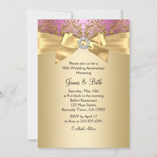 Gold Pink Damask & Bow Photo 50e Jubileum Kaart (Achterkant)
