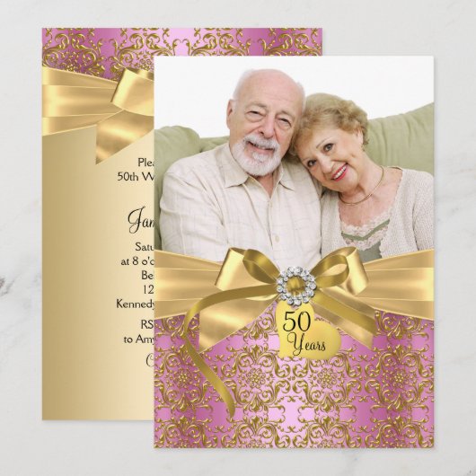 Gold Pink Damask & Bow Photo 50e Jubileum Kaart (Voorkant / Achterkant)