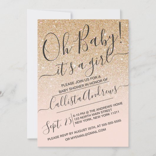 Gold Pink Faux Sparkly Glitter Ombre Baby shower Kaart (Voorkant)