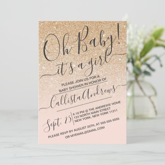 Gold Pink Faux Sparkly Glitter Ombre Baby shower Kaart (Staand voorkant)