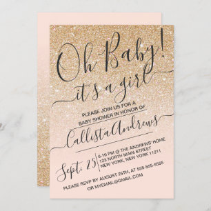 Gold Pink Faux Sparkly Glitter Ombre Baby shower Kaart