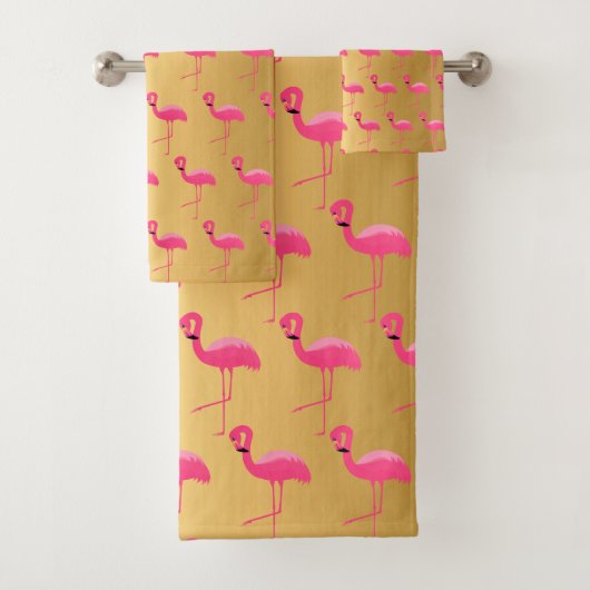 GOLD PINK FLAMINGO BRIGHT BATHROOM TOWEL SET BAD HANDDOEK (Insitu)
