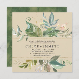 Gold Pink Floral Boho Botanical Square Weddenschap Kaart