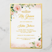 Gold Pink Floral Foto Quinceanera Birthday Folie Uitnodiging (Voorkant)