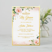 Gold Pink Floral Foto Quinceanera Birthday Folie Uitnodiging (Staand Voorkant)