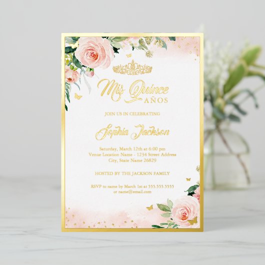 Gold Pink Floral Foto Quinceanera Birthday Folie Uitnodiging (Staand Voorkant)