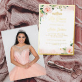 Gold Pink Floral Foto Quinceanera Birthday Folie Uitnodiging