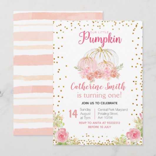 Gold Pink Floral Gold Pumpkin, eerste verjaardag Kaart (Voorkant / Achterkant)