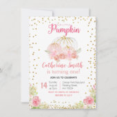 Gold Pink Floral Gold Pumpkin, eerste verjaardag Kaart (Voorkant)