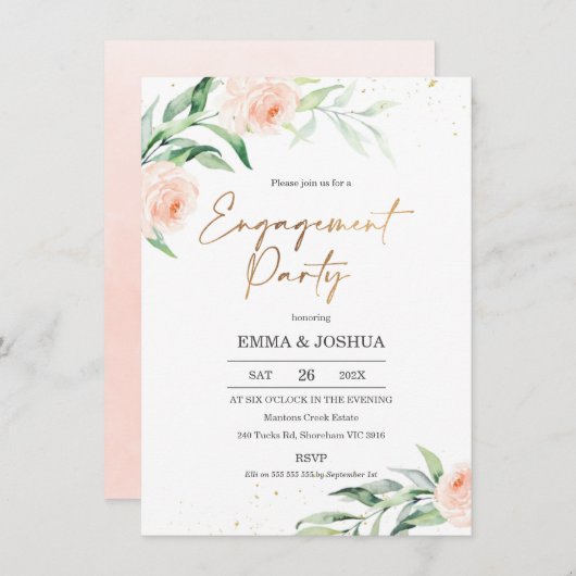 Gold Pink Floral Greenery Engagement Party Kaart (Voorkant / Achterkant)