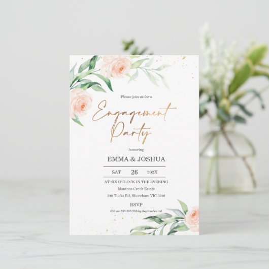 Gold Pink Floral Greenery Engagement Party Kaart (Staand voorkant)