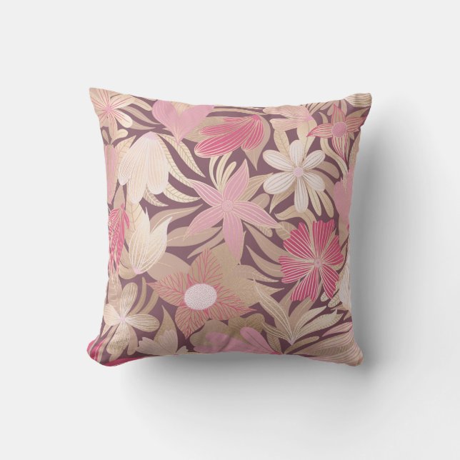 Gold Pink Floral Leaves Illustrations Buitenkussen (Voorkant)