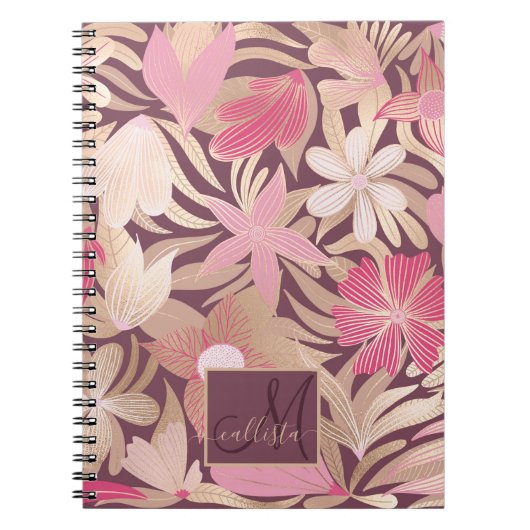 Gold Pink Floral Leaves Monogram Notitieboek (Voorkant)