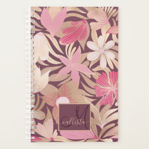 Gold Pink Floral Leaves Monogram Planner