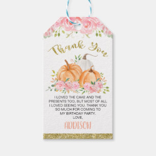 Gold Pink Floral Pumpkin Birthday Favor Tag Cadeaulabel
