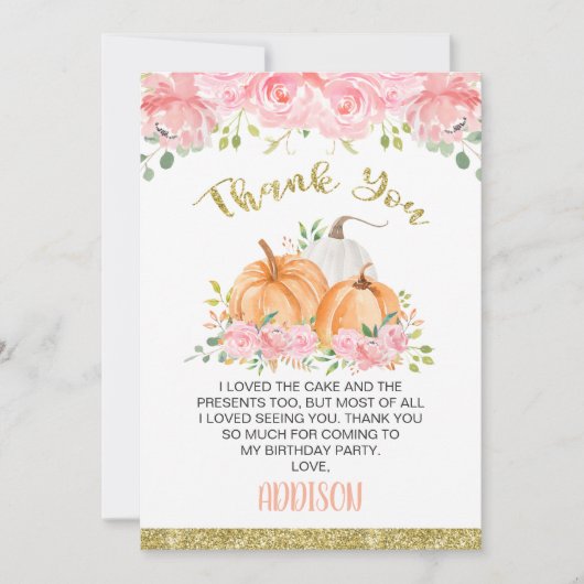 Gold Pink Floral Pumpkin Birthday Hartelijk dank Kaart (Voorkant)