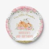 Gold Pink Floral Pumpkin Birthday Party  Papieren Bordje (Voorkant)