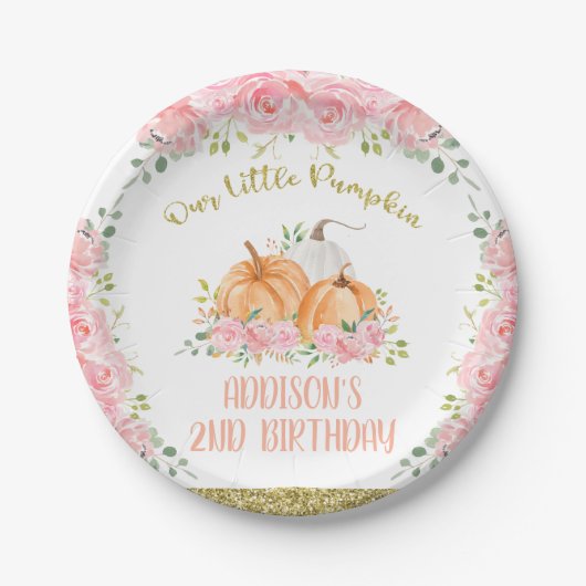 Gold Pink Floral Pumpkin Birthday Party  Papieren Bordje (Voorkant)