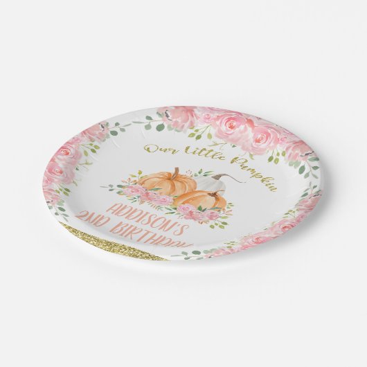 Gold Pink Floral Pumpkin Birthday Party  Papieren Bordje (Gekanteld)