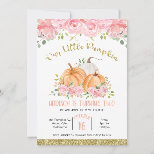Gold Pink Floral Pumpkin Birthday Uitnodiging (Voorkant)