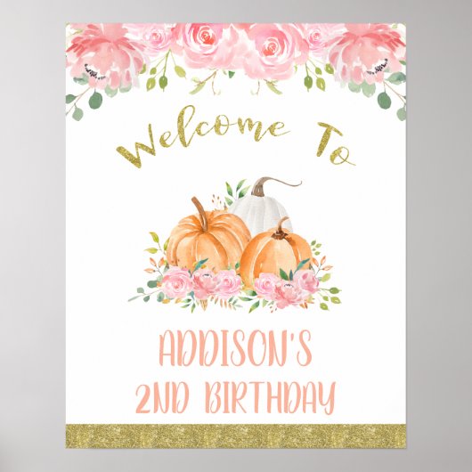 Gold Pink Floral Pumpkin Birthday Welkomstteken Poster (Voorkant)