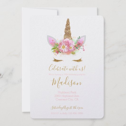 Gold Pink Floral Unicorn Birthday Kaart (Voorkant)