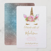 Gold Pink Floral Unicorn Birthday Kaart (Voorkant / Achterkant)