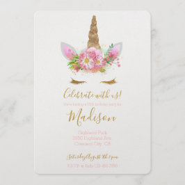 Gold Pink Floral Unicorn Birthday Kaart