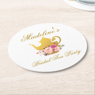 Gold Pink Floral Vrijgezellenfeest Tea Party Ronde Kartonnen Onderzetter