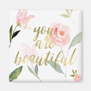 Gold Pink Floral Waterverf Je bent prachtig Magneet