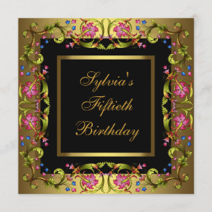 Gold Pink Flowers Womans 50th Birthday Party Kaart