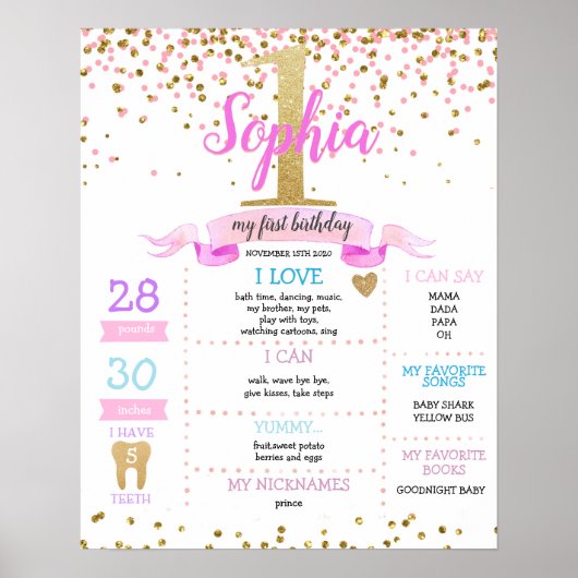 Gold Pink Girl First Birthday Milestone Poster (Voorkant)