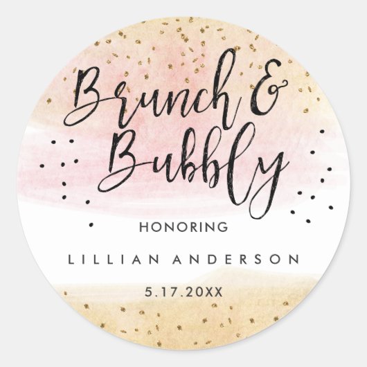 Gold Pink Glitter Brunch en Bubble Vrijgezellenfee Ronde Sticker (Voorkant)