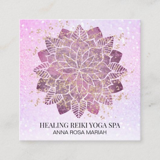 *~* Gold Pink Glitter Yoga Spirituele Reiki Mandal Vierkante Visitekaartje (Voorkant)