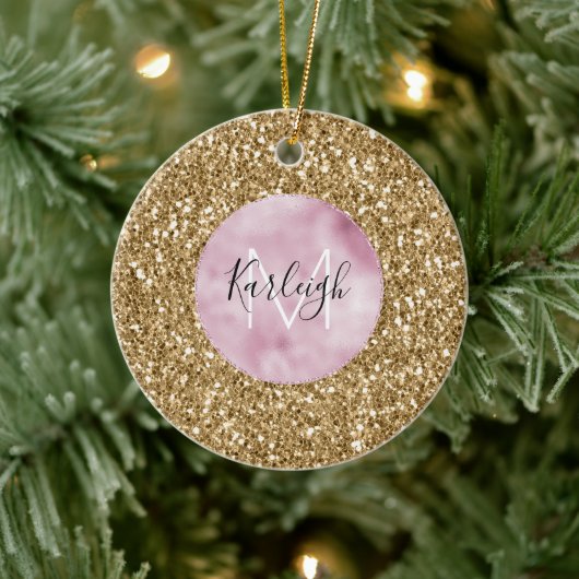 Gold Pink Glitzy Glitter Monogram gepersonaliseerd Keramisch Ornament (Boom)