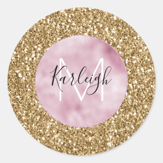 Gold Pink Glitzy Glitter Monogram gepersonaliseerd Ronde Sticker (Voorkant)